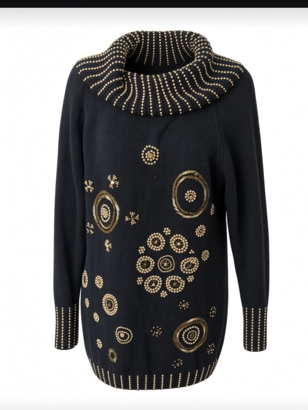 Vtg black Glam Sweater knit gold beads Embellished tunic cowl sweater sz S